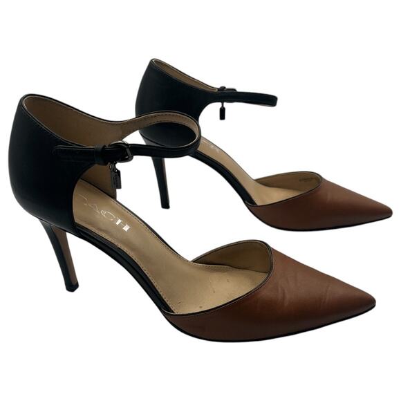 Coach Seline Leather Ankle Strap Pointed Toe Pumps Heels D'Orsay Saddle Black 7 - Picture 1 of 11